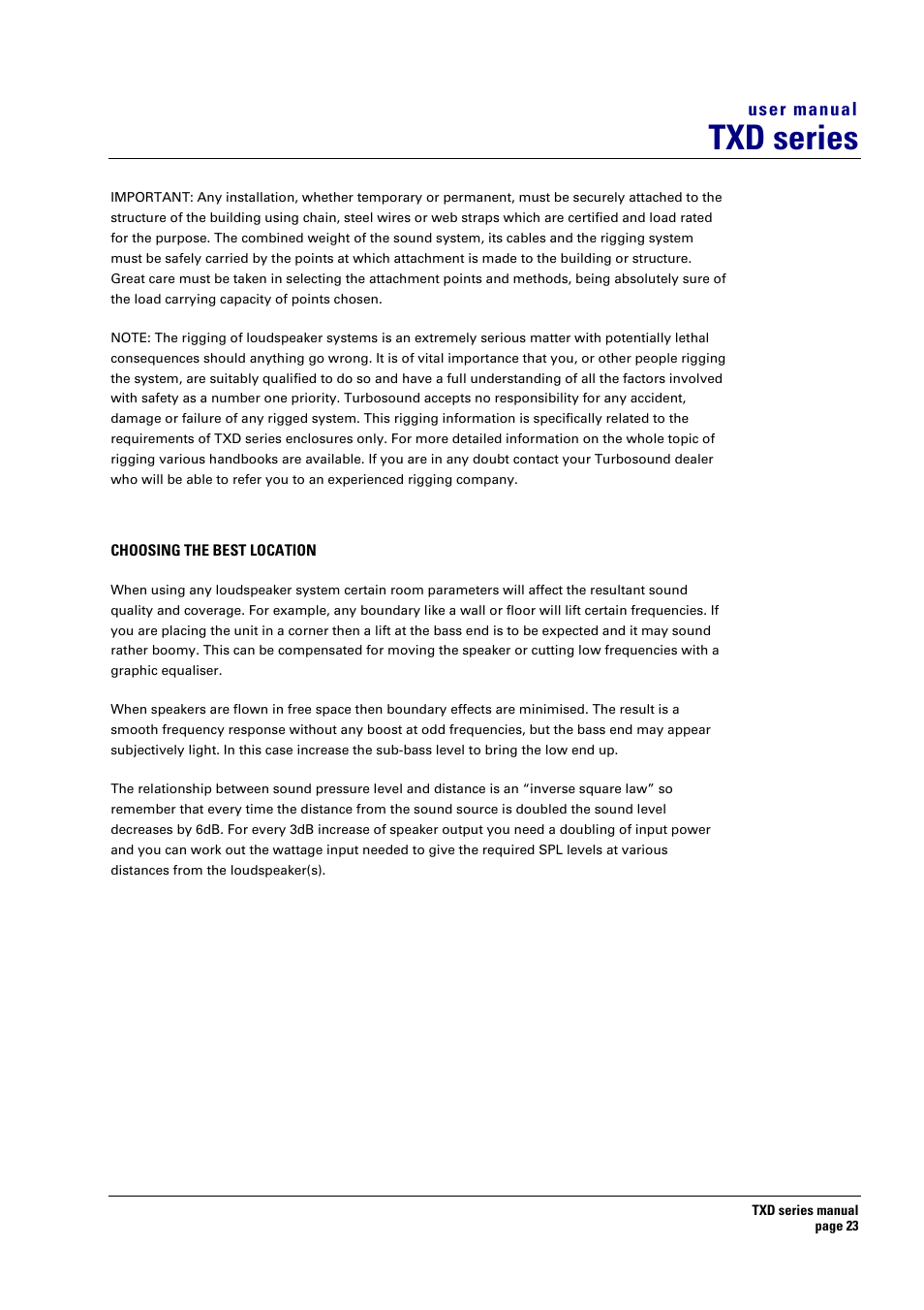 Choosing the best location, Txd series | Turbosound TXD series User Manual | Page 23 / 32