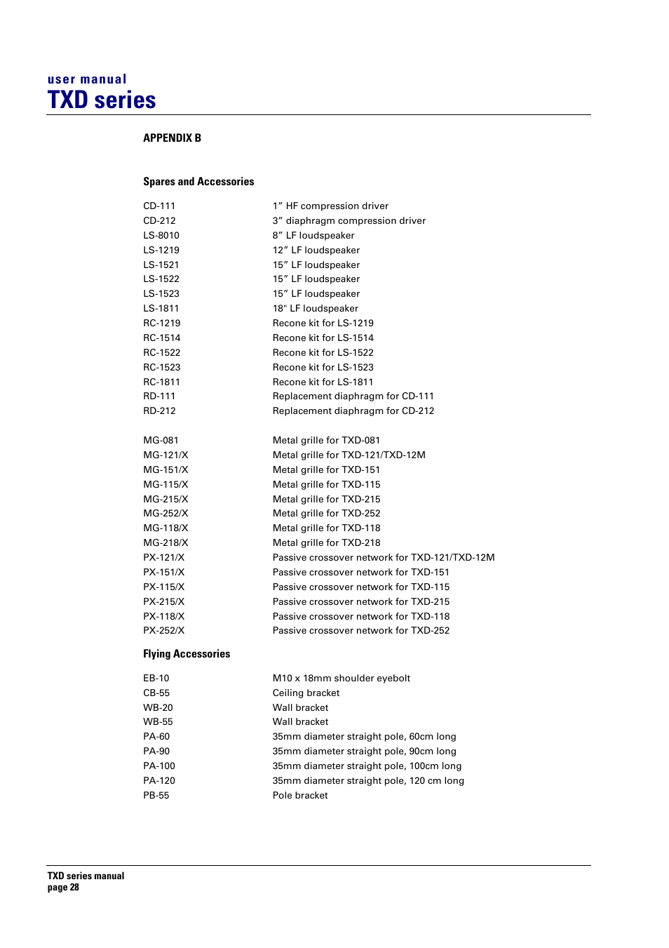 Appendix b, Spares and accessories, Flying accessories | Txd series, User manual | Turbosound TXD series User Manual | Page 28 / 32