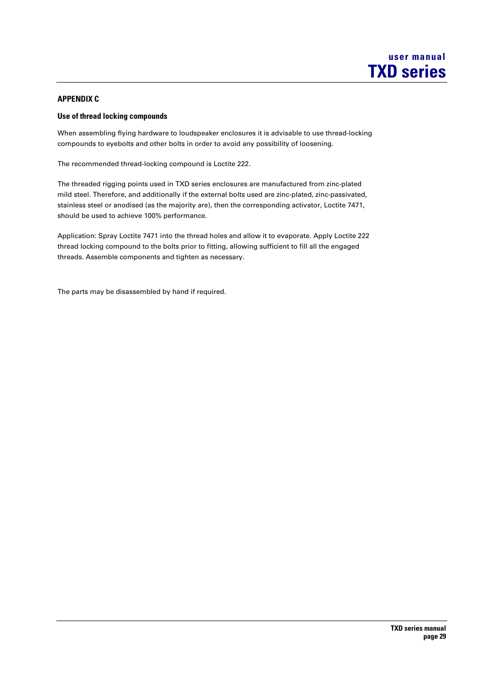 Appendix c, Use of thread locking compounds, Txd series | Turbosound TXD series User Manual | Page 29 / 32