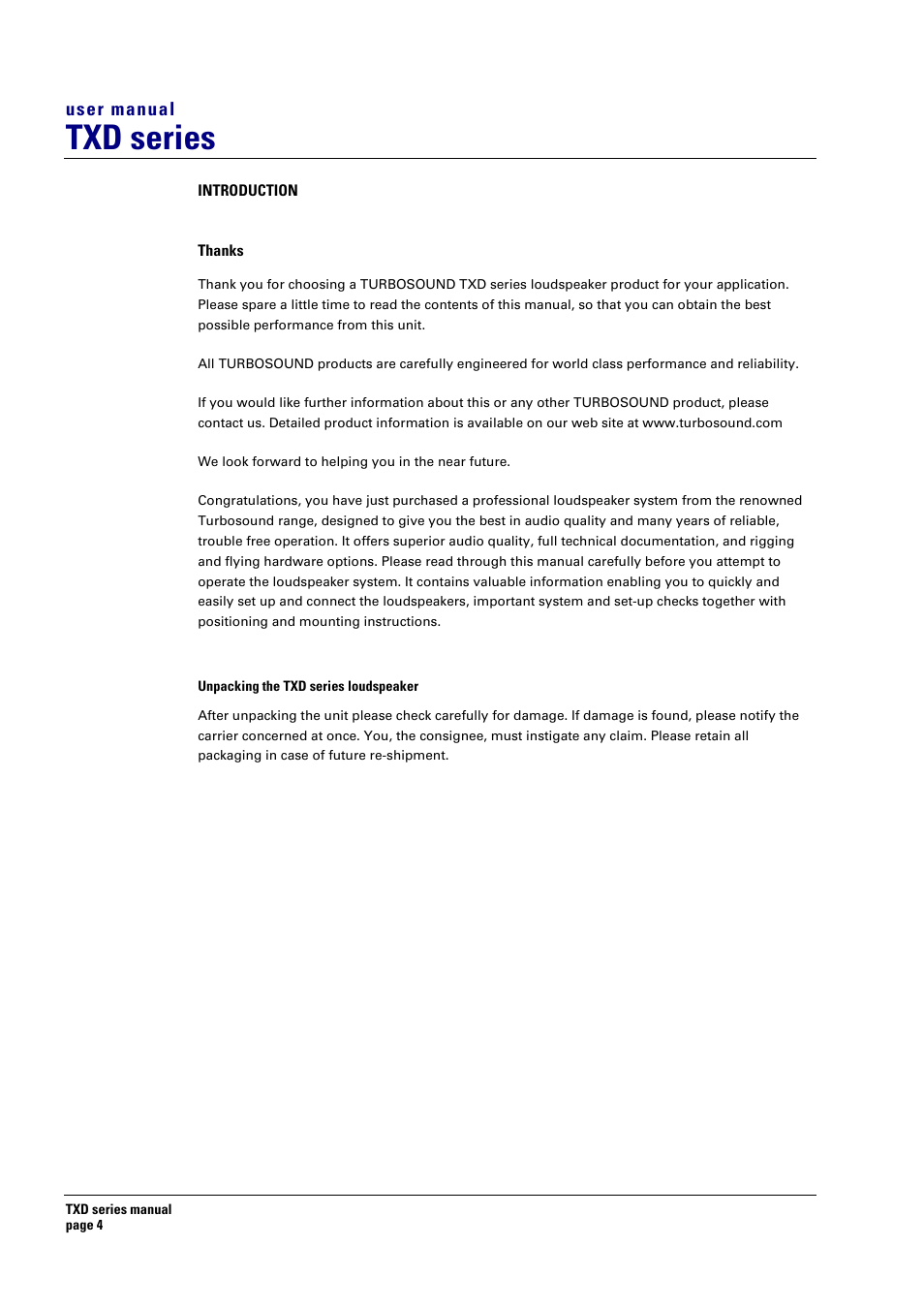 Introduction, Thanks, Txd series | User manual | Turbosound TXD series User Manual | Page 4 / 32