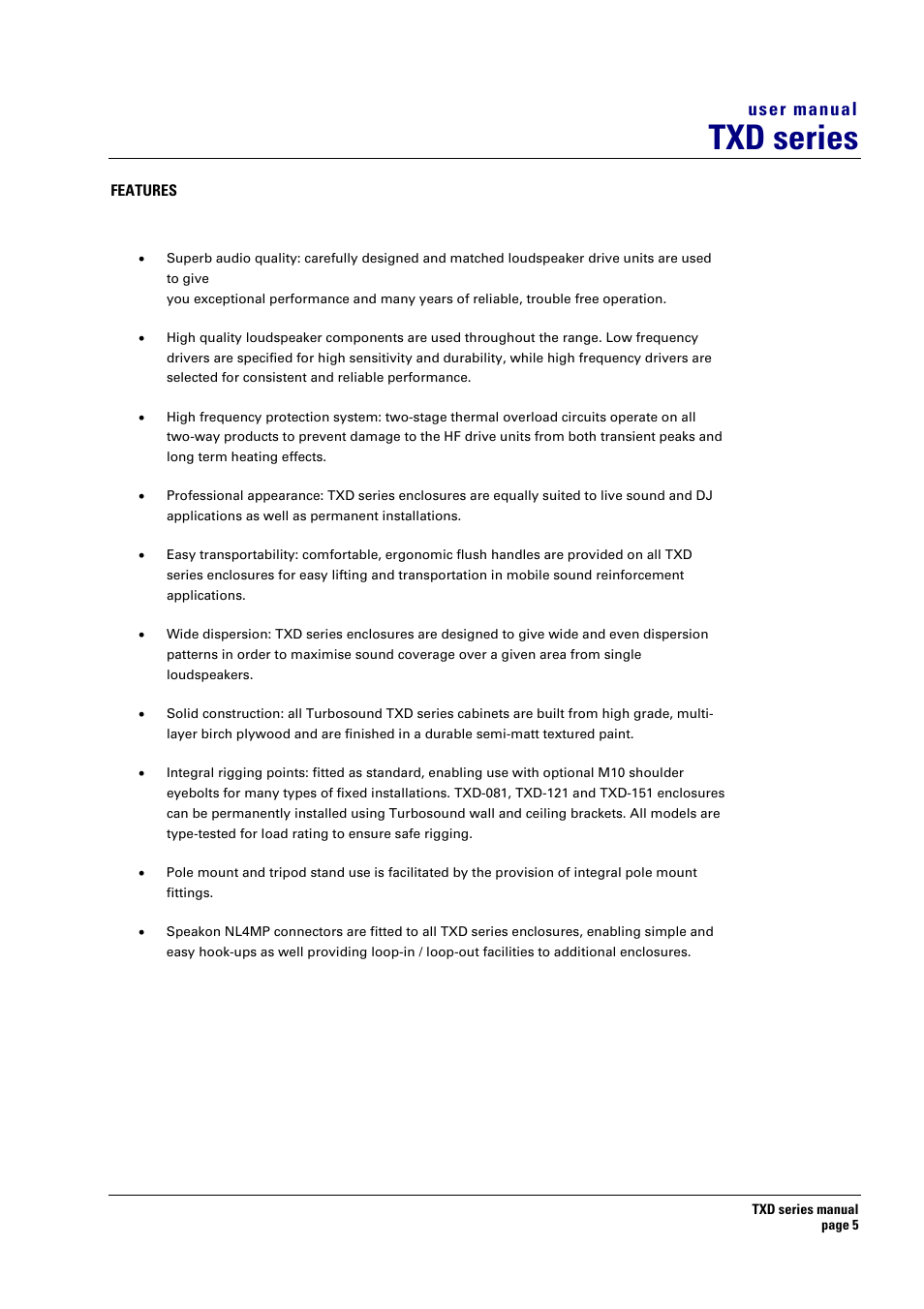 Features, Txd series, User manual | Turbosound TXD series User Manual | Page 5 / 32