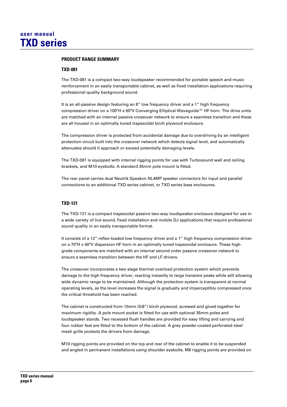 Product range summary, Txd-081, Txd-121 | Txd series, User manual | Turbosound TXD series User Manual | Page 6 / 32