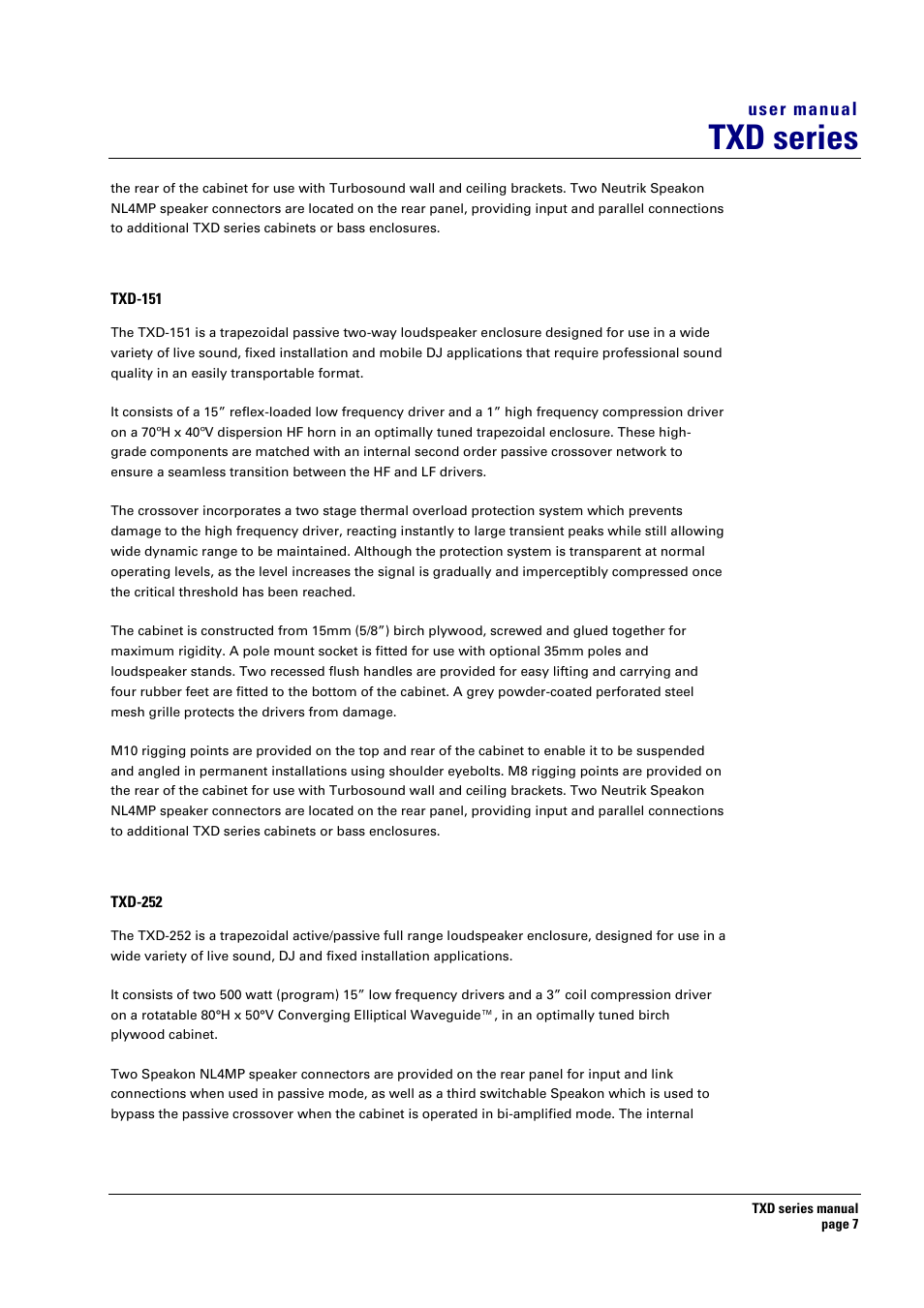 Txd-151, Txd-252, Txd series | User manual | Turbosound TXD series User Manual | Page 7 / 32