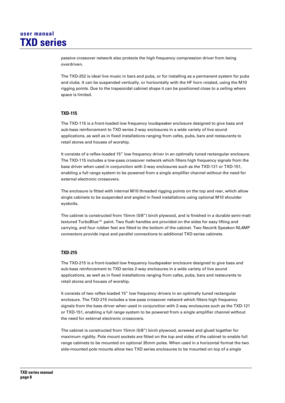 Txd-115, Txd-215, Txd series | User manual | Turbosound TXD series User Manual | Page 8 / 32