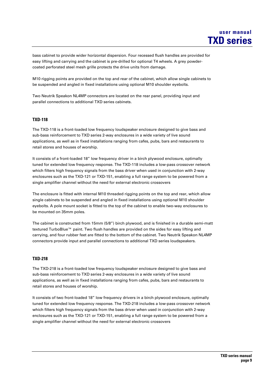 Txd-118, Txd-218, Txd series | User manual | Turbosound TXD series User Manual | Page 9 / 32