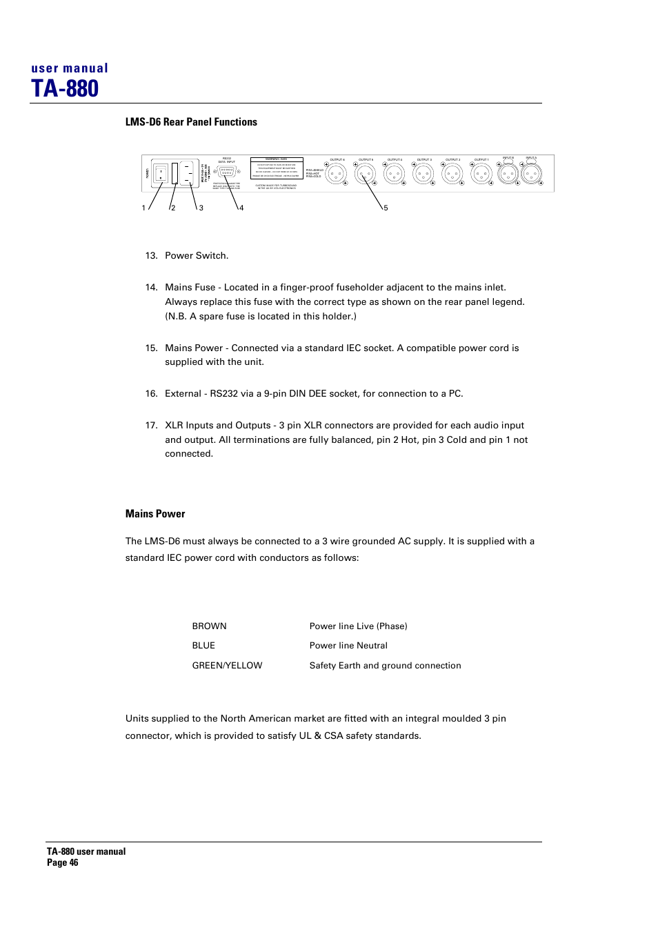 Ta-880, User manual, Lms-d6 rear panel functions | Mains power | Turbosound ASPECT TA-880 User Manual | Page 46 / 86
