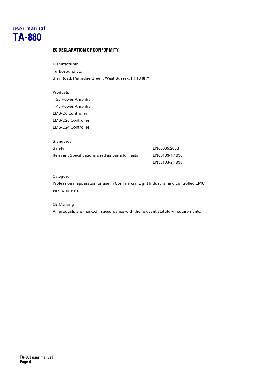 Ta-880, User manual | Turbosound ASPECT TA-880 User Manual | Page 6 / 86