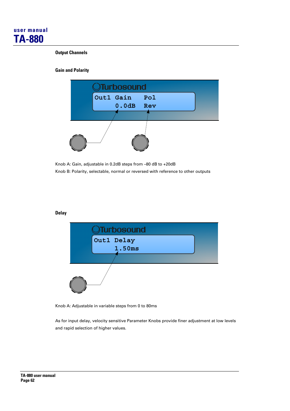 Ta-880, Out1 gain pol 0.0db rev, Out1 delay 1.50ms | Turbosound ASPECT TA-880 User Manual | Page 62 / 86