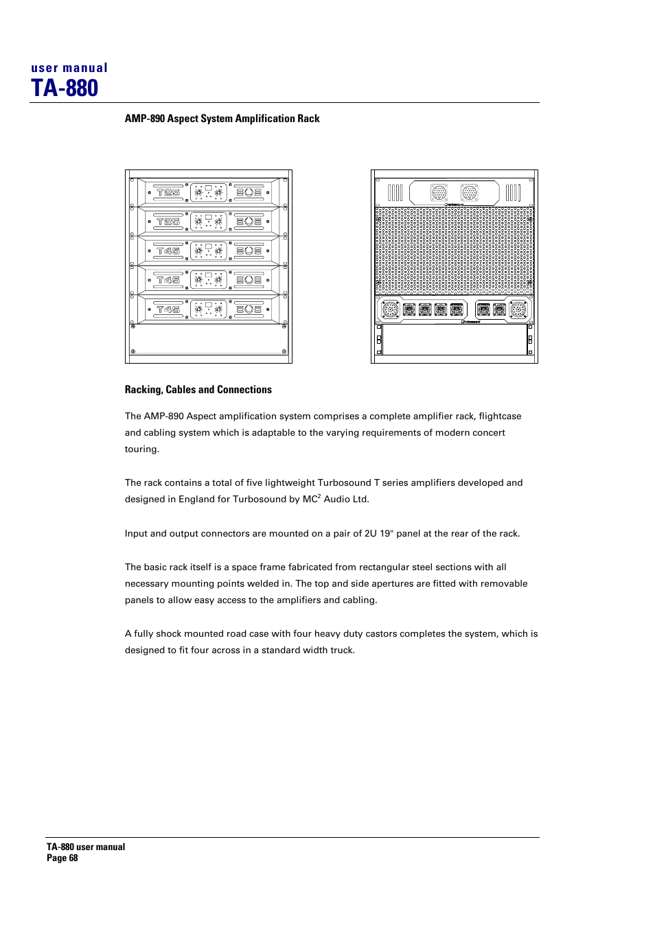 Ta-880, User manual, Amp-890 aspect system amplification rack | Racking, cables and connections | Turbosound ASPECT TA-880 User Manual | Page 68 / 86