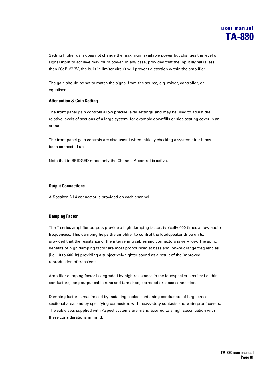 Ta-880, User manual | Turbosound ASPECT TA-880 User Manual | Page 81 / 86