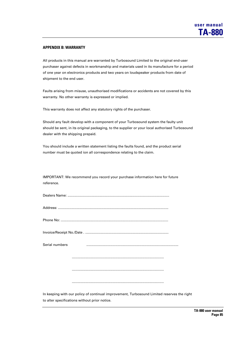 Ta-880, User manual | Turbosound ASPECT TA-880 User Manual | Page 85 / 86