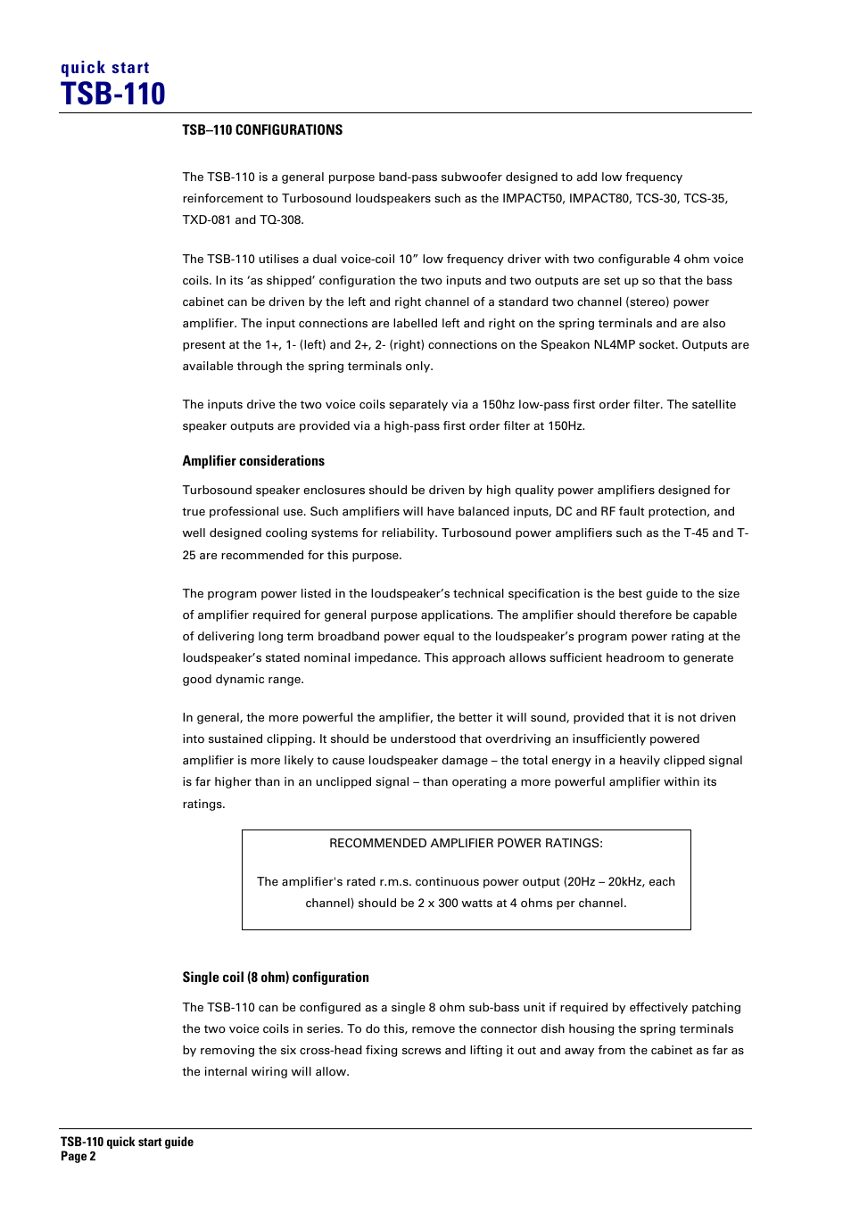 Tsb-110, Quick start | Turbosound TSB-110 User Manual | Page 2 / 4