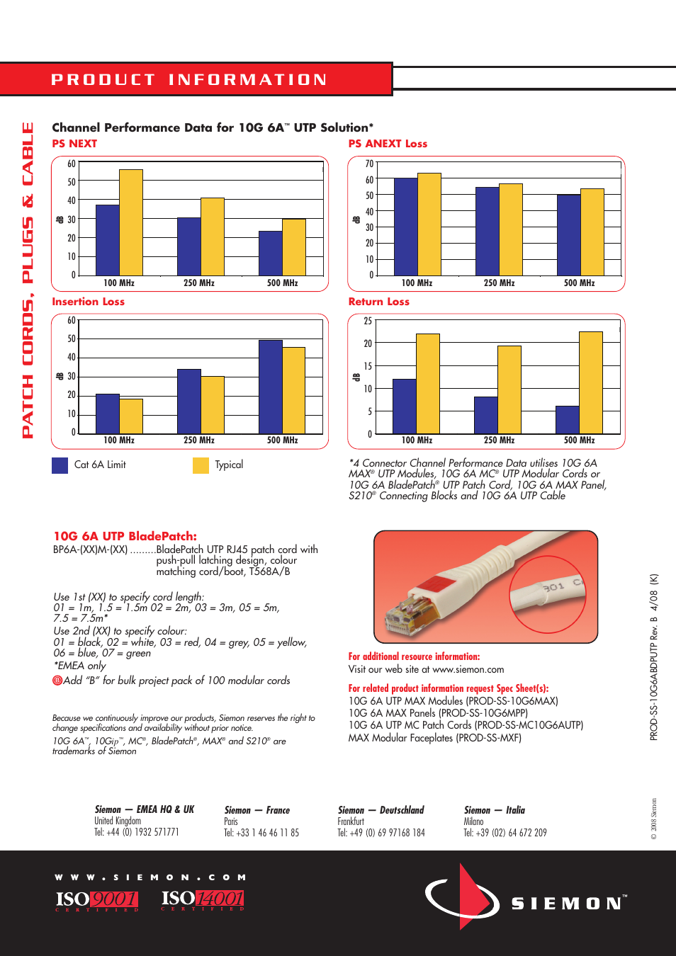 Pa tch cords, plugs & cable | The Siemon Company 10G 6A User Manual | Page 2 / 2