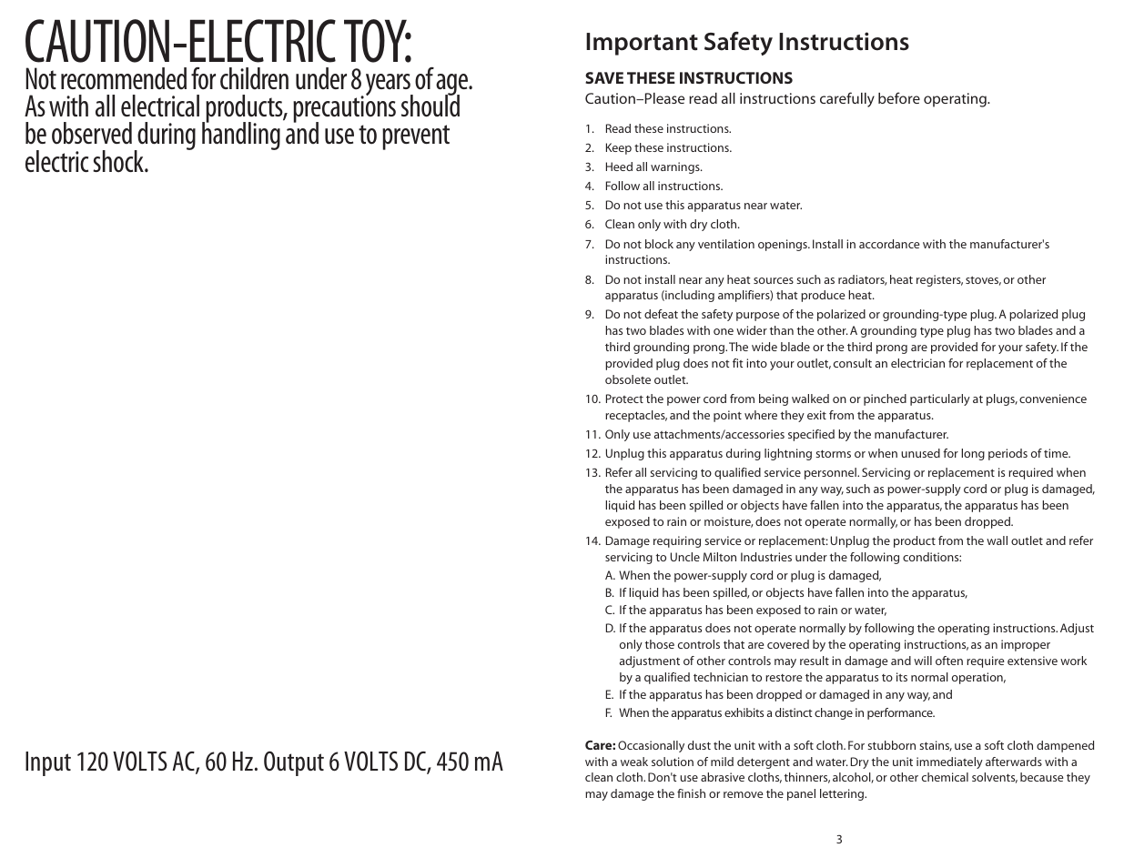 N2.pdf, Caution-electric toy, Important safety instructions | Uncle Milton Industries Space Image Projector User Manual | Page 2 / 4