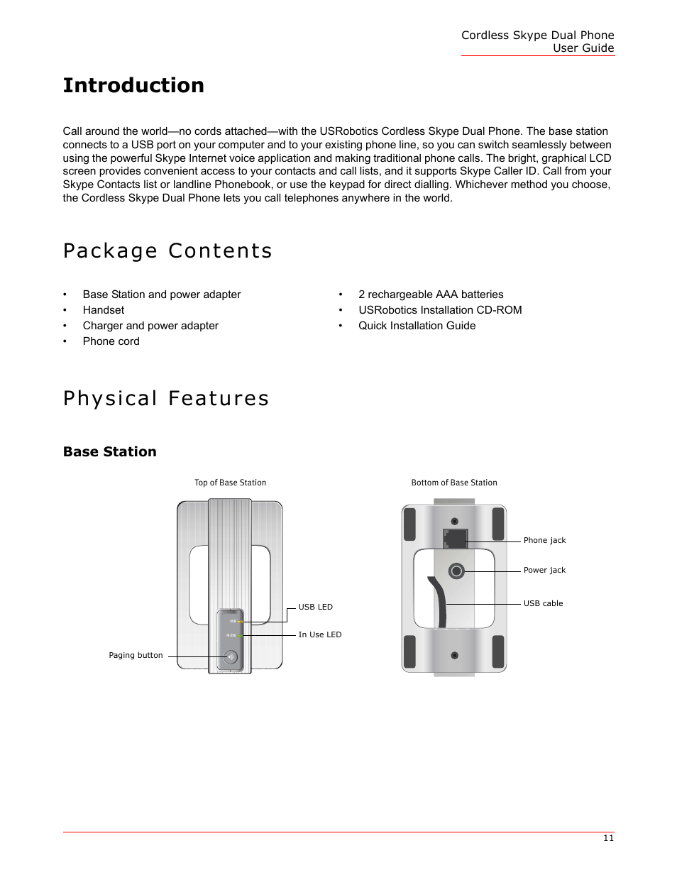 Introduction, Package contents, Physical features | Base station, Package contents physical features | USRobotics 9630 User Manual | Page 11 / 70