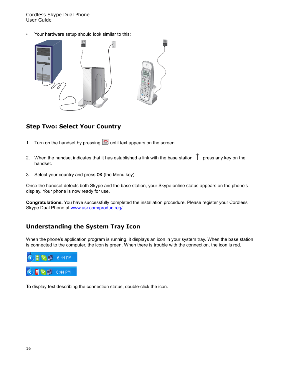 Step two: select your country, Understanding the system tray icon | USRobotics 9630 User Manual | Page 16 / 70