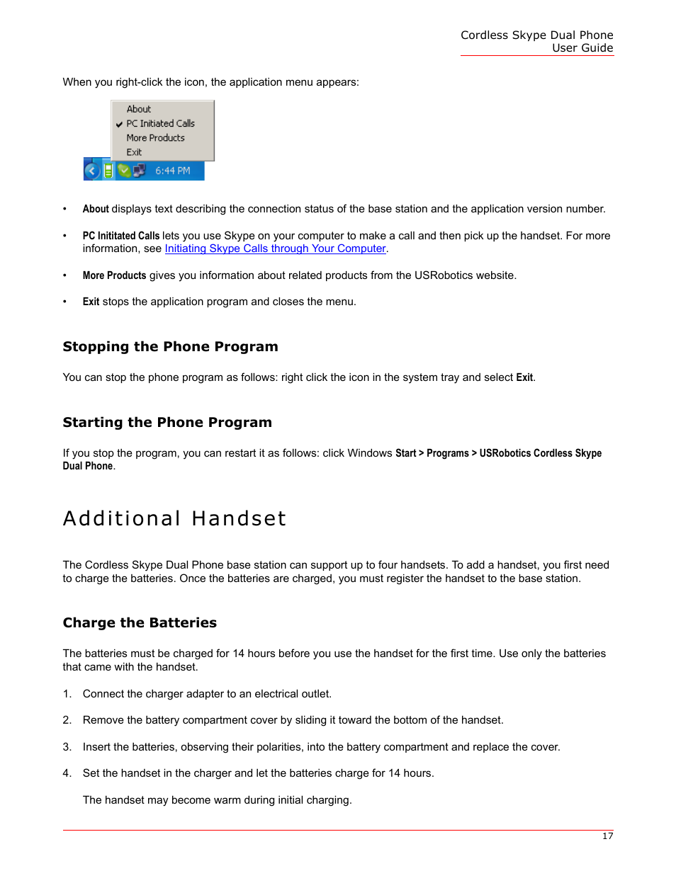 Stopping the phone program, Starting the phone program, Additional handset | Charge the batteries | USRobotics 9630 User Manual | Page 17 / 70