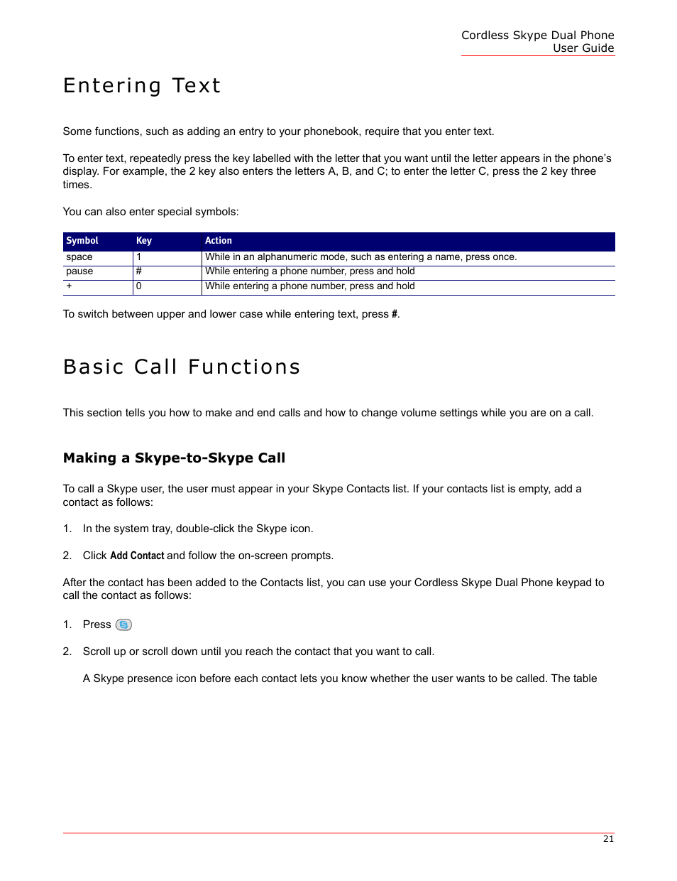 Entering text, Basic call functions, Making a skype-to-skype call | USRobotics 9630 User Manual | Page 21 / 70