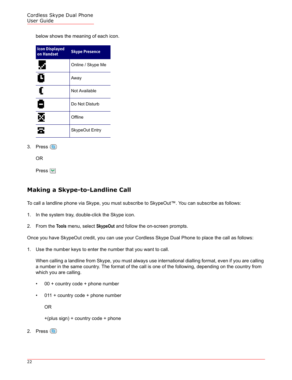 Making a skype-to-landline call | USRobotics 9630 User Manual | Page 22 / 70