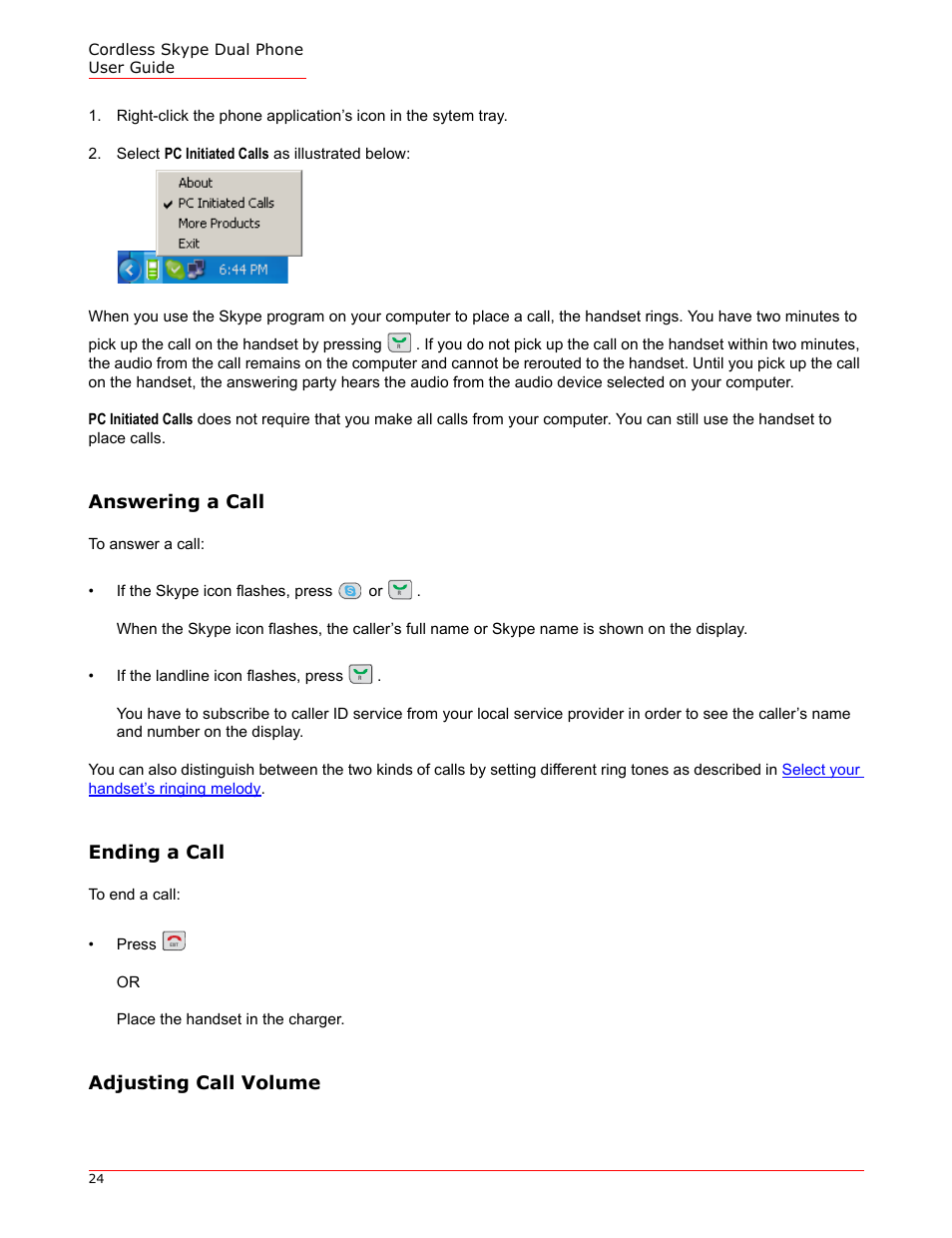 Answering a call, Ending a call, Adjusting call volume | USRobotics 9630 User Manual | Page 24 / 70