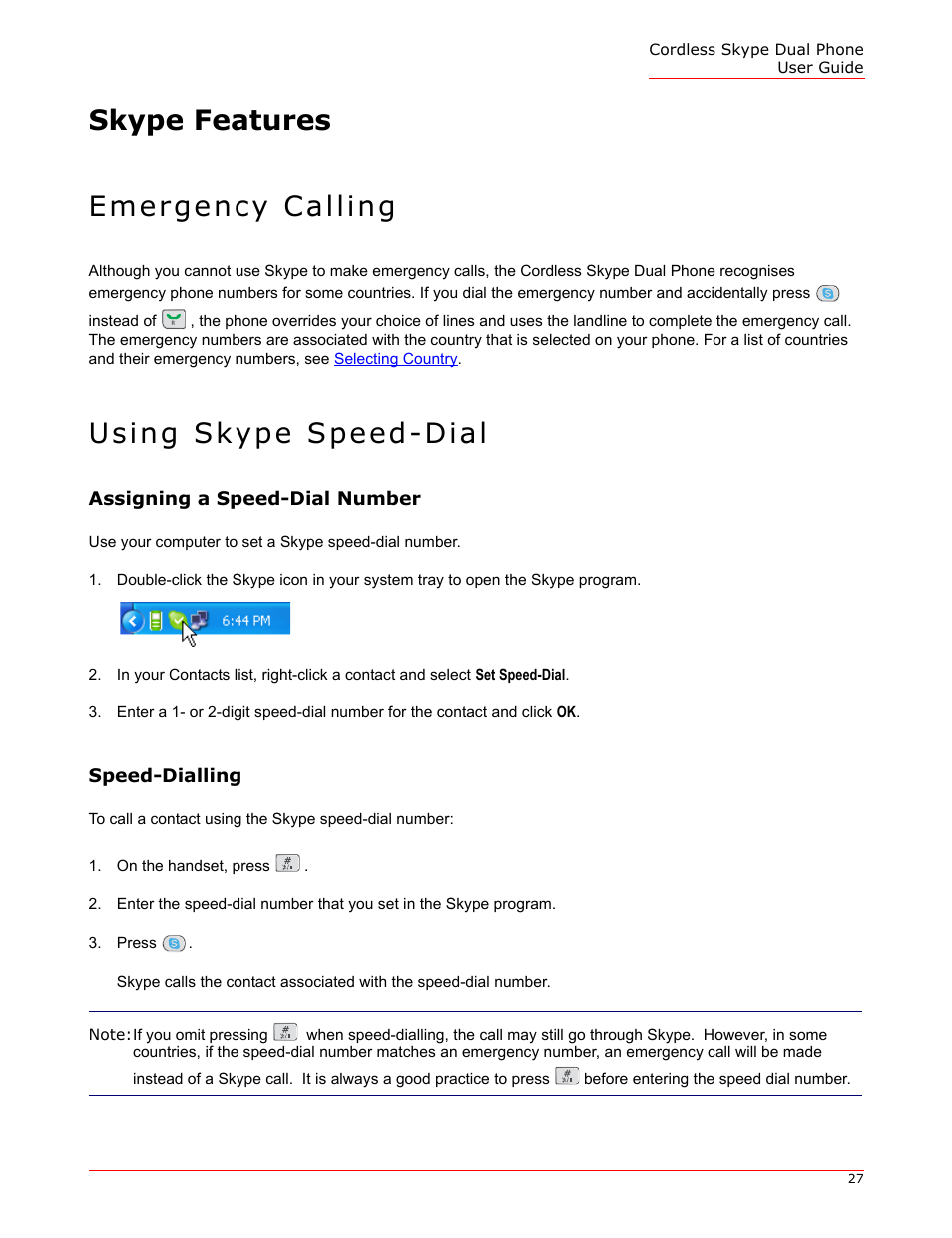 Skype features, Emergency calling, Using skype speed-dial | Speed-dialling, Skype features emergency calling | USRobotics 9630 User Manual | Page 27 / 70