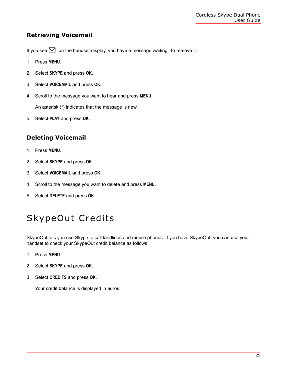 Retrieving voicemail, Deleting voicemail, Skypeout credits | USRobotics 9630 User Manual | Page 29 / 70