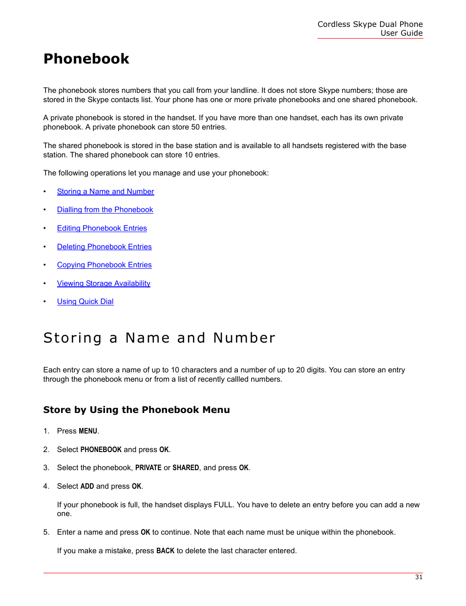 Phonebook, Storing a name and number, Store by using the phonebook menu | USRobotics 9630 User Manual | Page 31 / 70