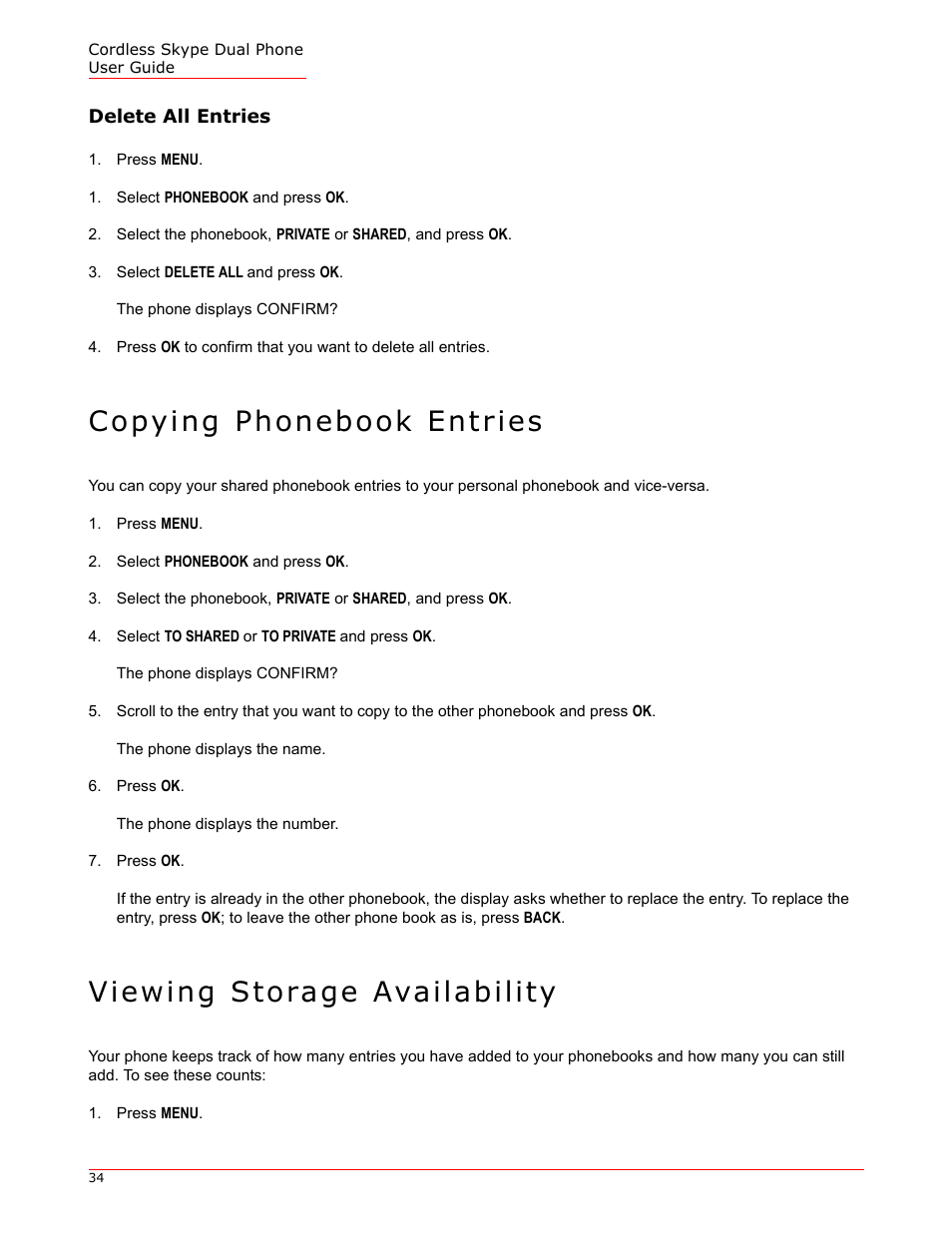 Delete all entries, Copying phonebook entries, Viewing storage availability | USRobotics 9630 User Manual | Page 34 / 70