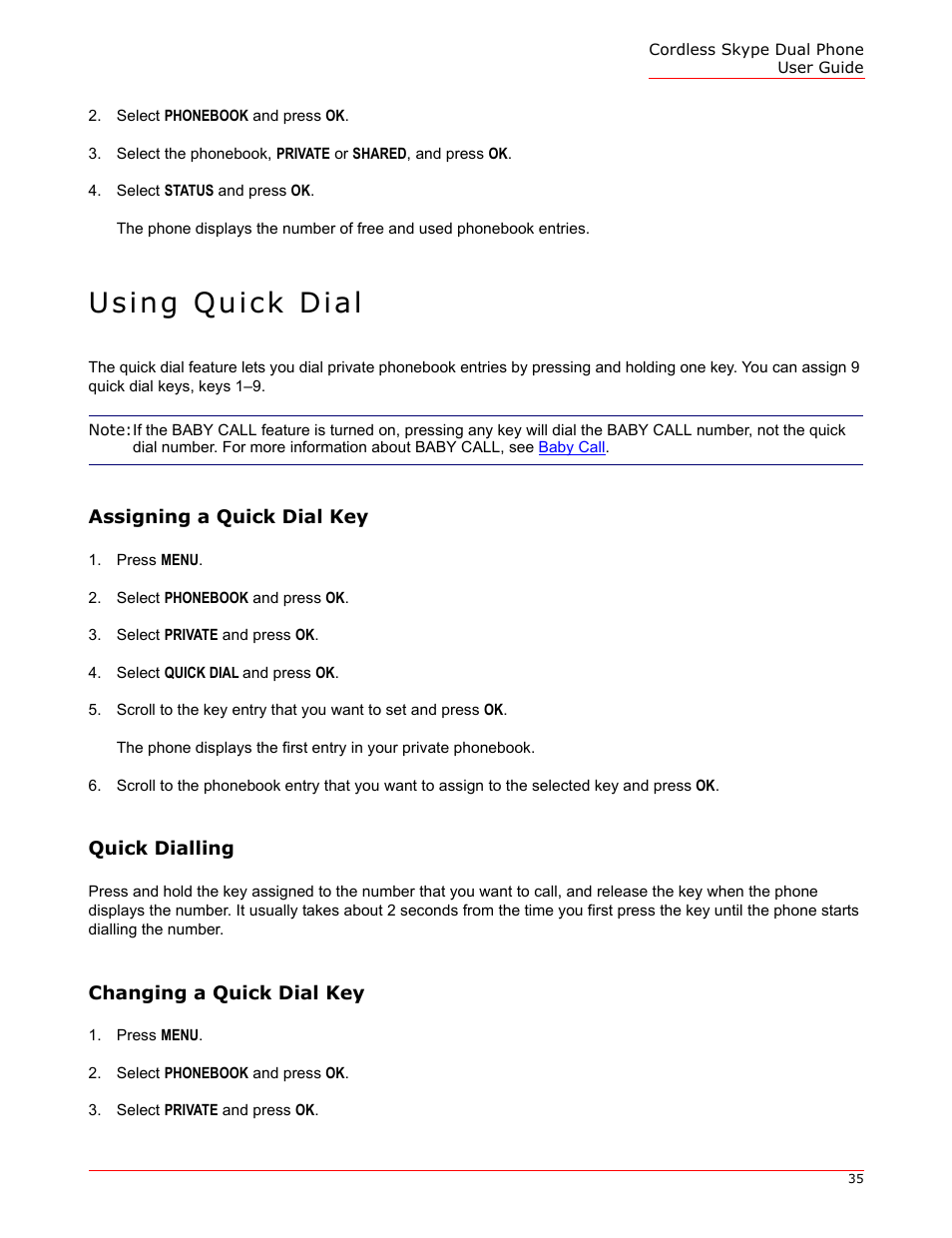 Using quick dial, Assigning a quick dial key, Quick dialling | Changing a quick dial key | USRobotics 9630 User Manual | Page 35 / 70