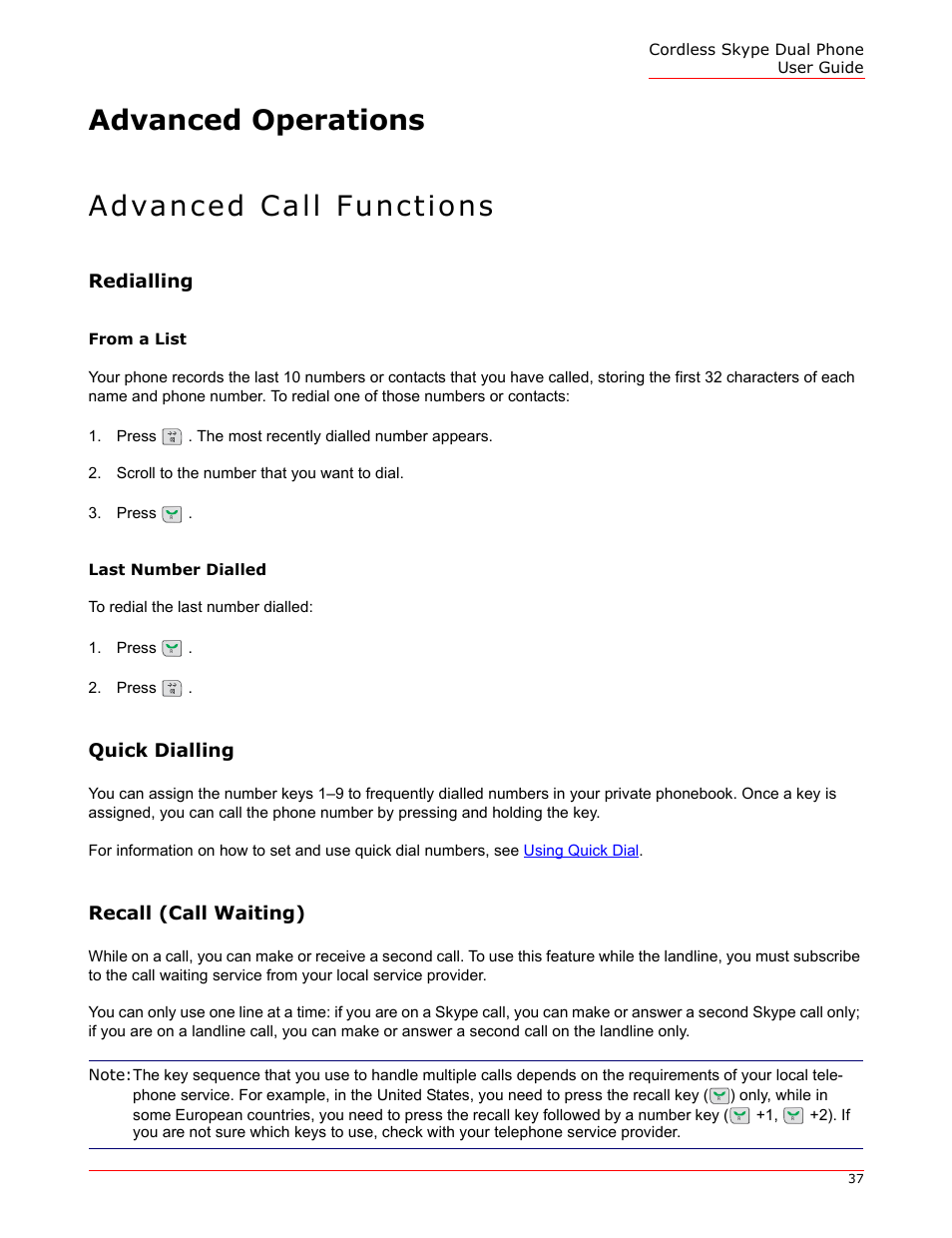 Advanced operations, Advanced call functions, Redialling | From a list, Last number dialled, Quick dialling, Recall (call waiting), Advanced operations advanced call functions | USRobotics 9630 User Manual | Page 37 / 70