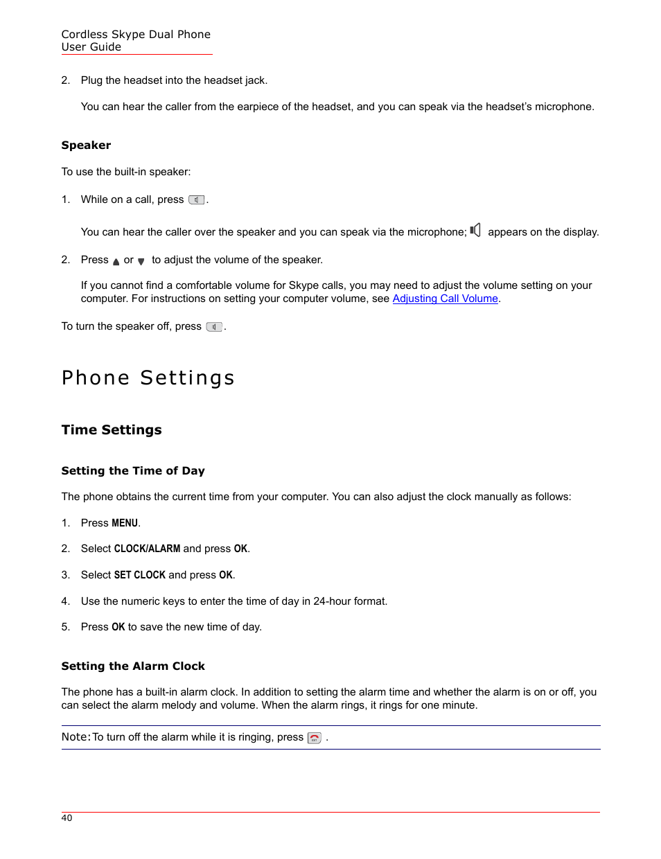 Speaker, Phone settings, Time settings | Setting the time of day, Setting the alarm clock | USRobotics 9630 User Manual | Page 40 / 70