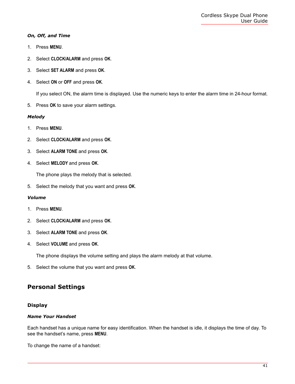 On, off, and time, Melody, Volume | Personal settings, Display, Name your handset | USRobotics 9630 User Manual | Page 41 / 70