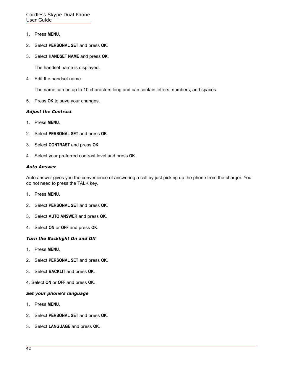 Adjust the contrast, Auto answer, Turn the backlight on and off | Set your phone’s language | USRobotics 9630 User Manual | Page 42 / 70