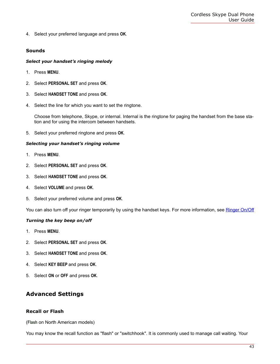 Sounds, Select your handset’s ringing melody, Selecting your handset’s ringing volume | Turning the key beep on/off, Advanced settings, Recall or flash | USRobotics 9630 User Manual | Page 43 / 70