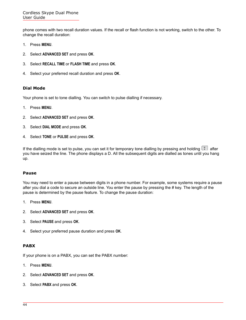 Dial mode, Pause, Pabx | USRobotics 9630 User Manual | Page 44 / 70