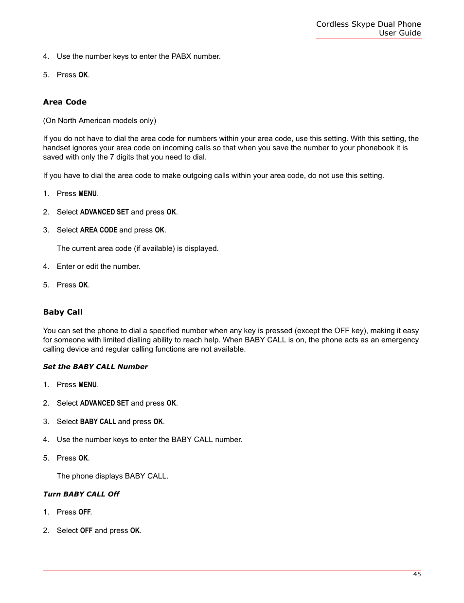 Area code, Baby call, Set the baby call number | Turn baby call off | USRobotics 9630 User Manual | Page 45 / 70