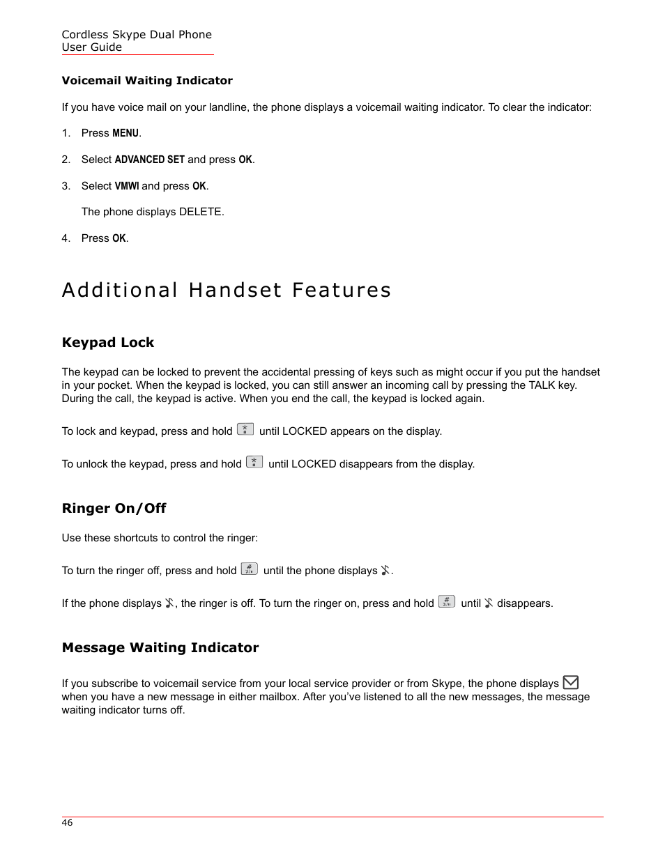 Voicemail waiting indicator, Additional handset features, Keypad lock | Ringer on/off, Message waiting indicator | USRobotics 9630 User Manual | Page 46 / 70