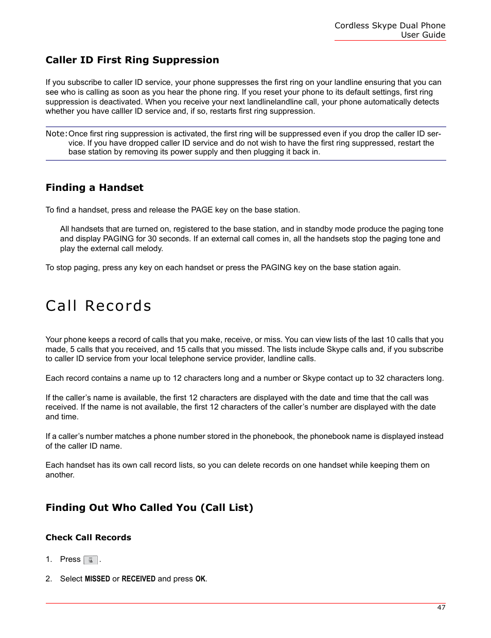 Caller id first ring suppression, Finding a handset, Call records | Finding out who called you (call list), Check call records | USRobotics 9630 User Manual | Page 47 / 70