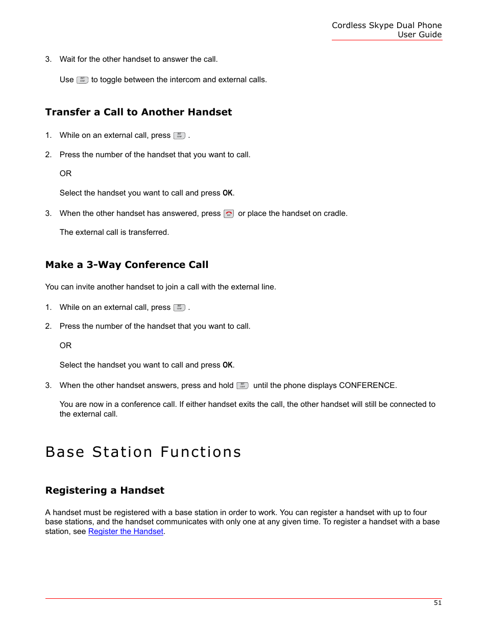 Transfer a call to another handset, Make a 3-way conference call, Base station functions | Registering a handset | USRobotics 9630 User Manual | Page 51 / 70