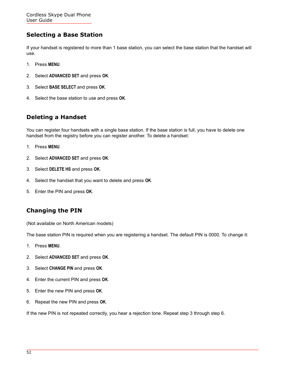 Selecting a base station, Deleting a handset, Changing the pin | USRobotics 9630 User Manual | Page 52 / 70