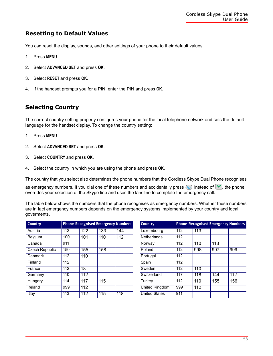 Resetting to default values, Selecting country | USRobotics 9630 User Manual | Page 53 / 70