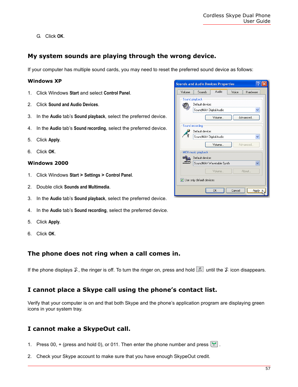 The phone does not ring when a call comes in, I cannot make a skypeout call | USRobotics 9630 User Manual | Page 57 / 70