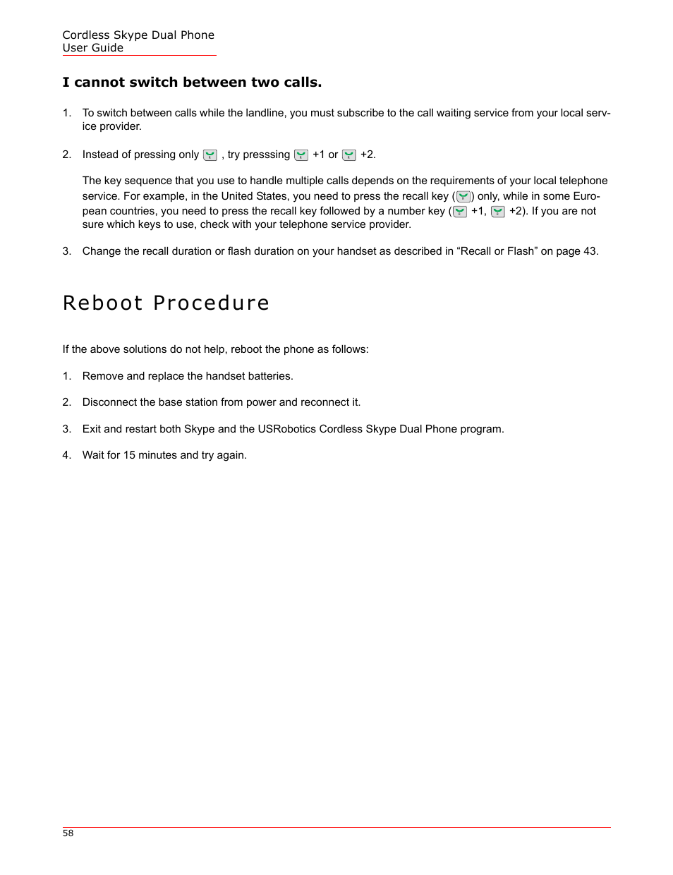 I cannot switch between two calls, Reboot procedure | USRobotics 9630 User Manual | Page 58 / 70