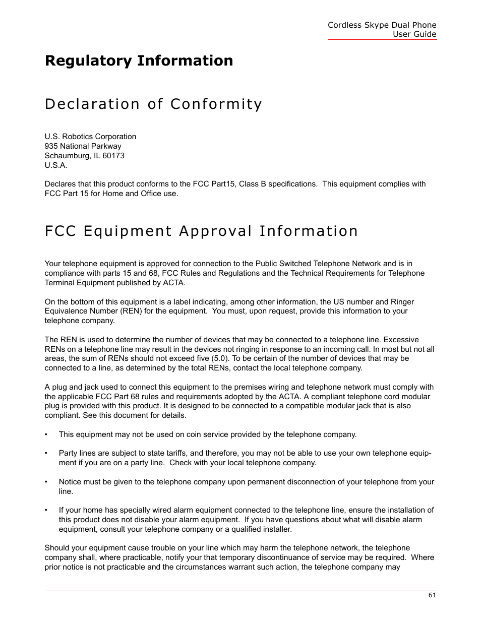 Regulatory information, Declaration of conformity, Fcc equipment approval information | Regulatory information declaration of conformity | USRobotics 9630 User Manual | Page 61 / 70