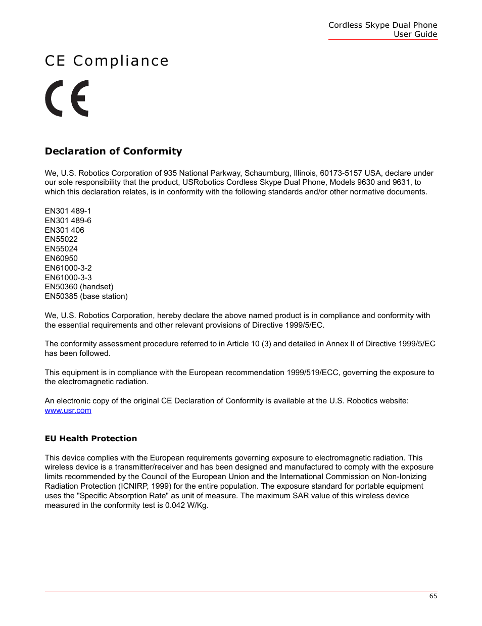 Ce compliance, Declaration of conformity, Eu health protection | USRobotics 9630 User Manual | Page 65 / 70