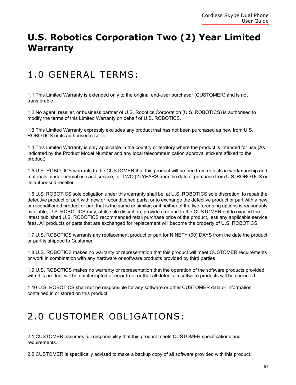 0 customer obligations | USRobotics 9630 User Manual | Page 67 / 70