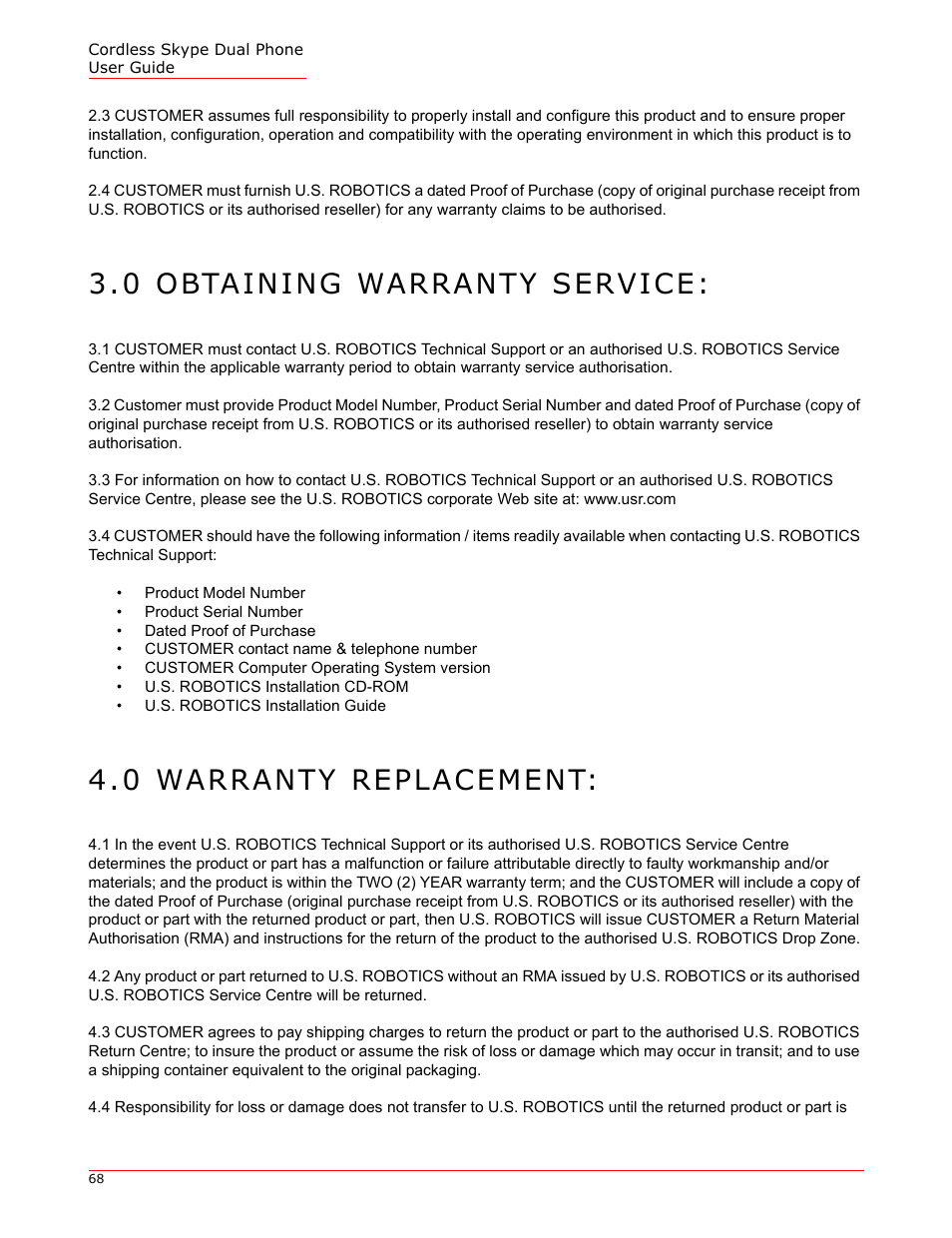 0 obtaining warranty service, 0 warranty replacement | USRobotics 9630 User Manual | Page 68 / 70