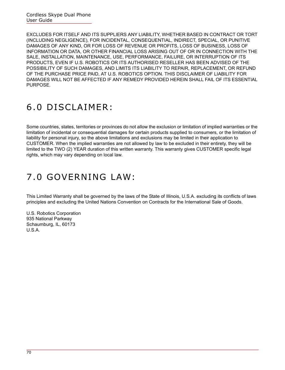 0 disclaimer, 0 governing law | USRobotics 9630 User Manual | Page 70 / 70