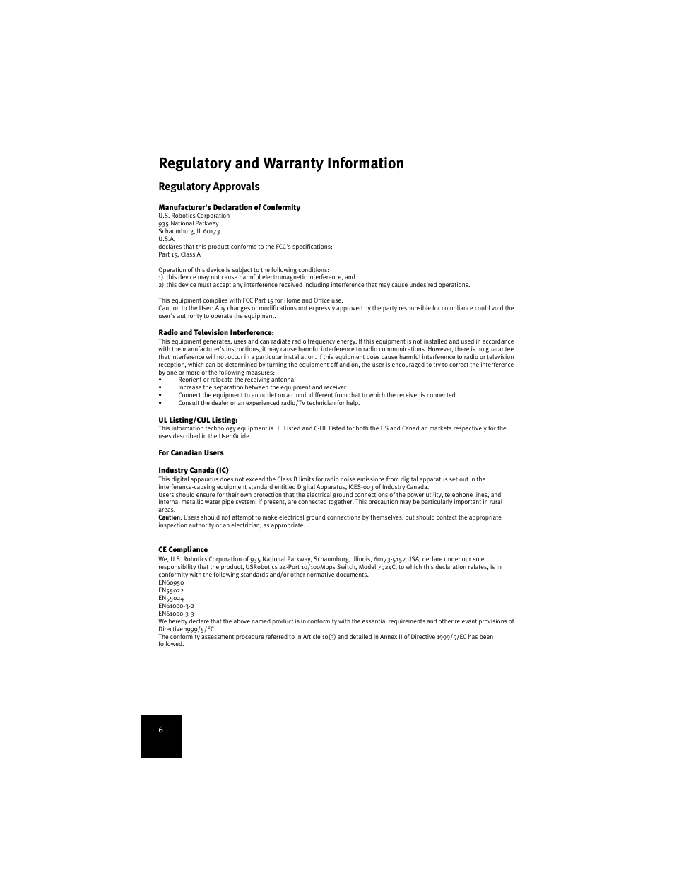 Regulatory and warranty information, Regulatory approvals | USRobotics 7924C User Manual | Page 10 / 88