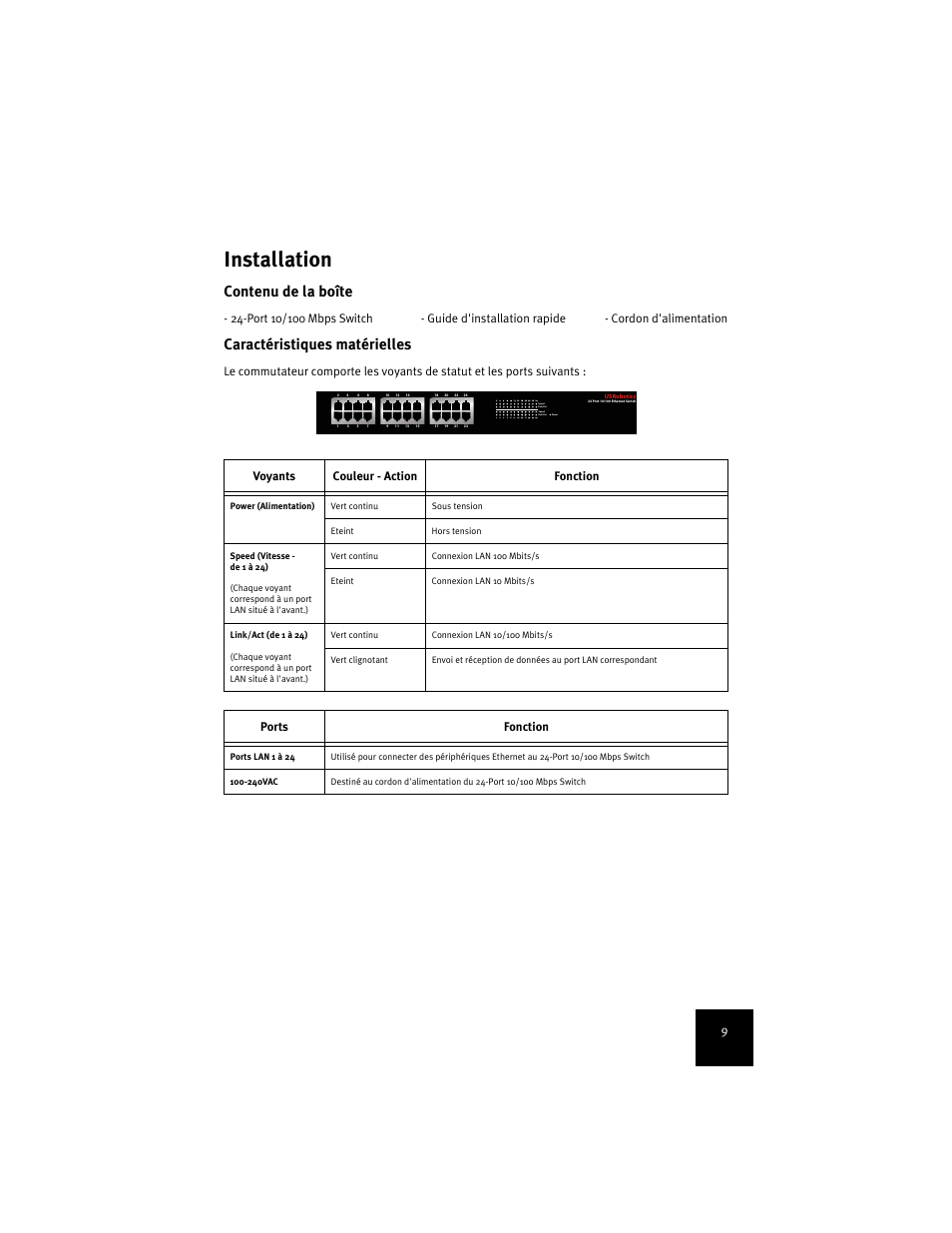 Français, Installation, Français installation | Contenu de la boîte, Caractéristiques matérielles, Ports fonction | USRobotics 7924C User Manual | Page 13 / 88